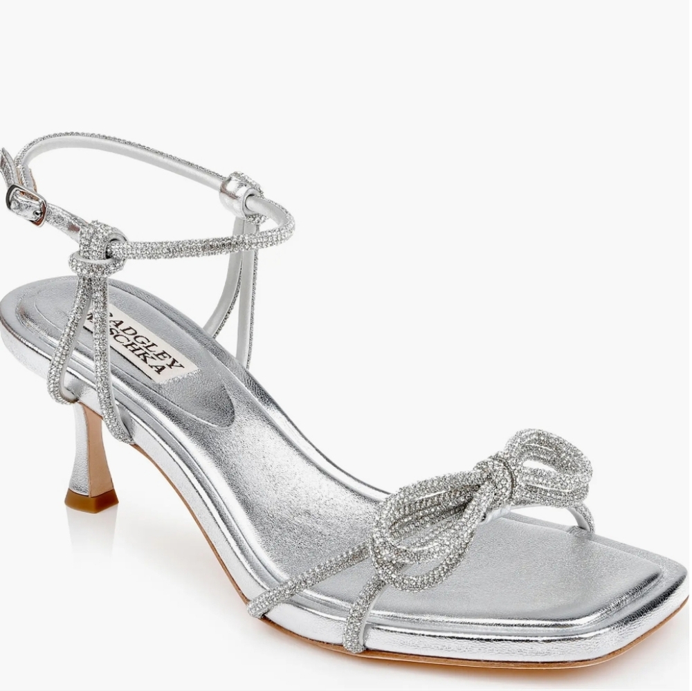 NIB Badgley Mischka Silver Crystal Bow Ankle-Strap Heel Sandals